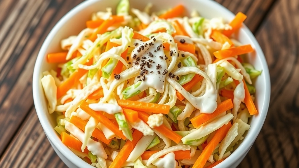 Creamy and Crunchy Coleslaw Recipe Creamy coleslaw with shredded cabbage and carrots in a bowl, garnished with black pepper, on a wooden table.